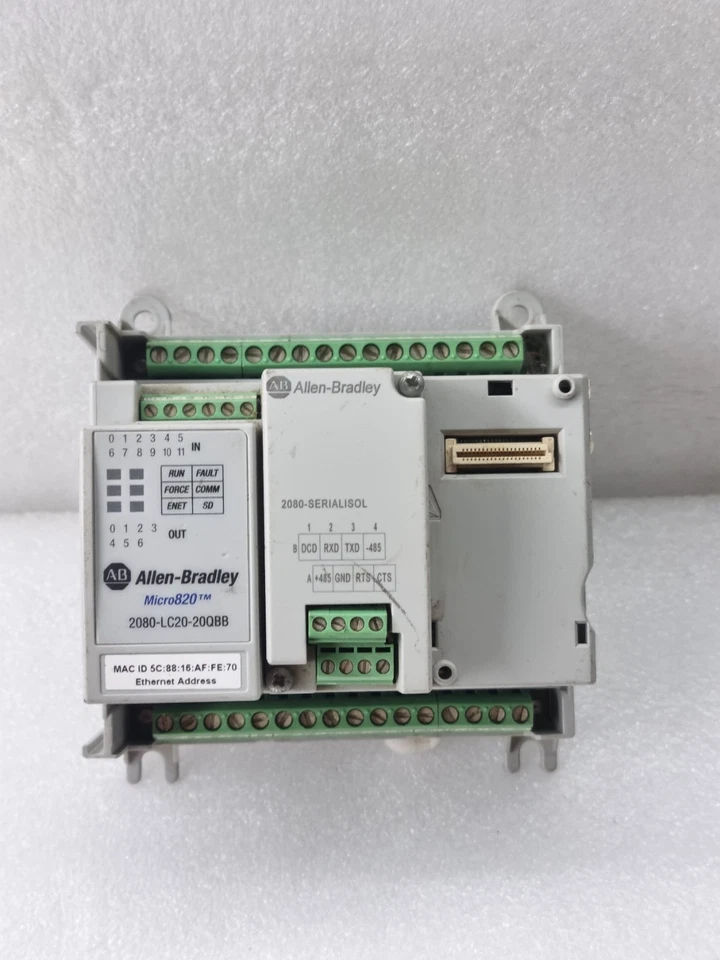 Used Working ALLEN BRADLEY 2080-LC20-20QBB + 2080-SERIALISOL Micro820 EtherNetIP